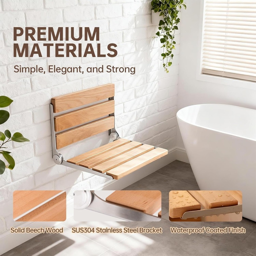 Jamini Folding Shower Seat 16in Beech Wood Wall Mount 330lb Heavy Duty - Picture 5 of 7